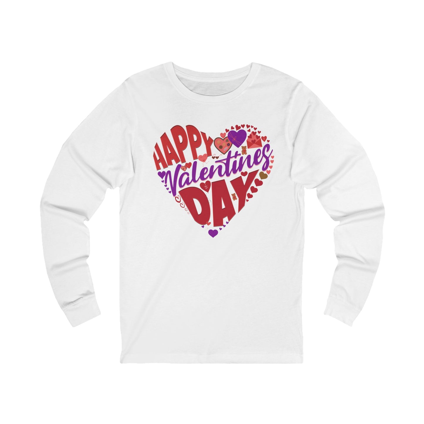 White long-sleeve shirt with 'Happy Valentine's Day' text and heart graphics on a white background