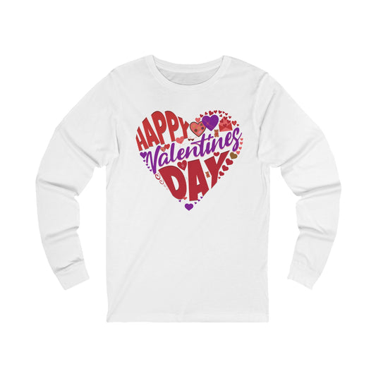 White long-sleeve shirt with 'Happy Valentine's Day' text and heart graphics on a white background
