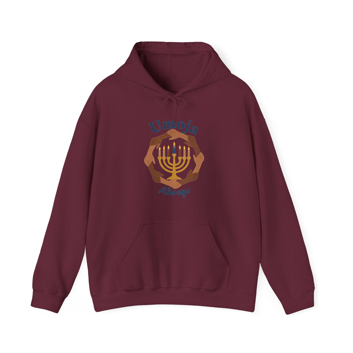 A maroon hoodie with a 'Umoja Always' graphic featuring a menorah and hands against a plain white background.
