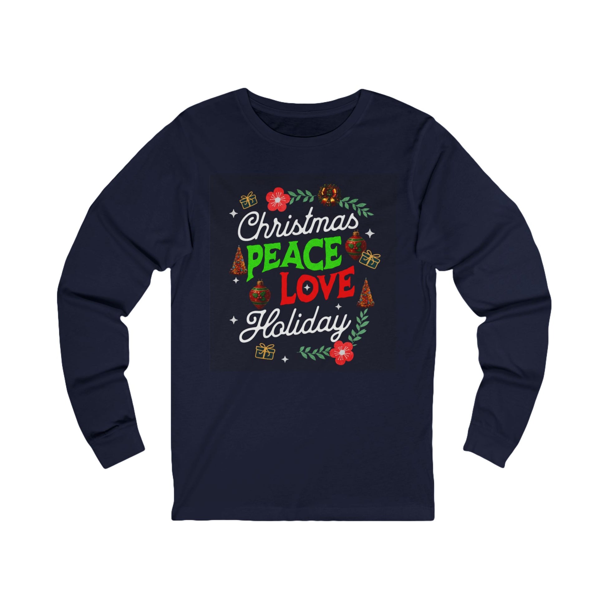 Peace, Love, and Holidays Festive Wreath Long-Sleeve Tee (Unisex S-2XL) in Navy