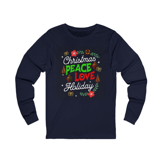 Peace, Love, and Holidays Festive Wreath Long-Sleeve Tee (Unisex S-2XL) in Navy