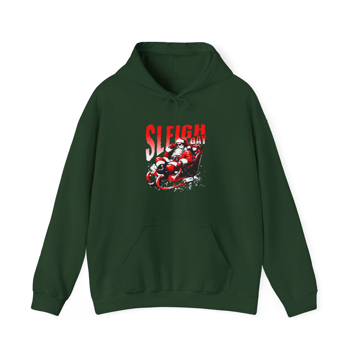 A dark green pullover hoodie with a front graphic that reads 'SLEIGH DAY HOODIE' in pink and gold, accompanied by starburst accents and a small globe icon, shown on a plain white background.