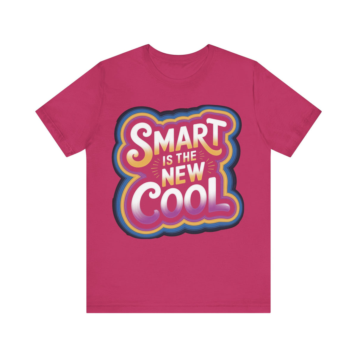 A berry pink short-sleeve t-shirt with a colorful retro-style graphic on the chest that reads 'SMART IS THE NEW COOL' in white, yellow, and purple bubble lettering with a blue and orange outline.