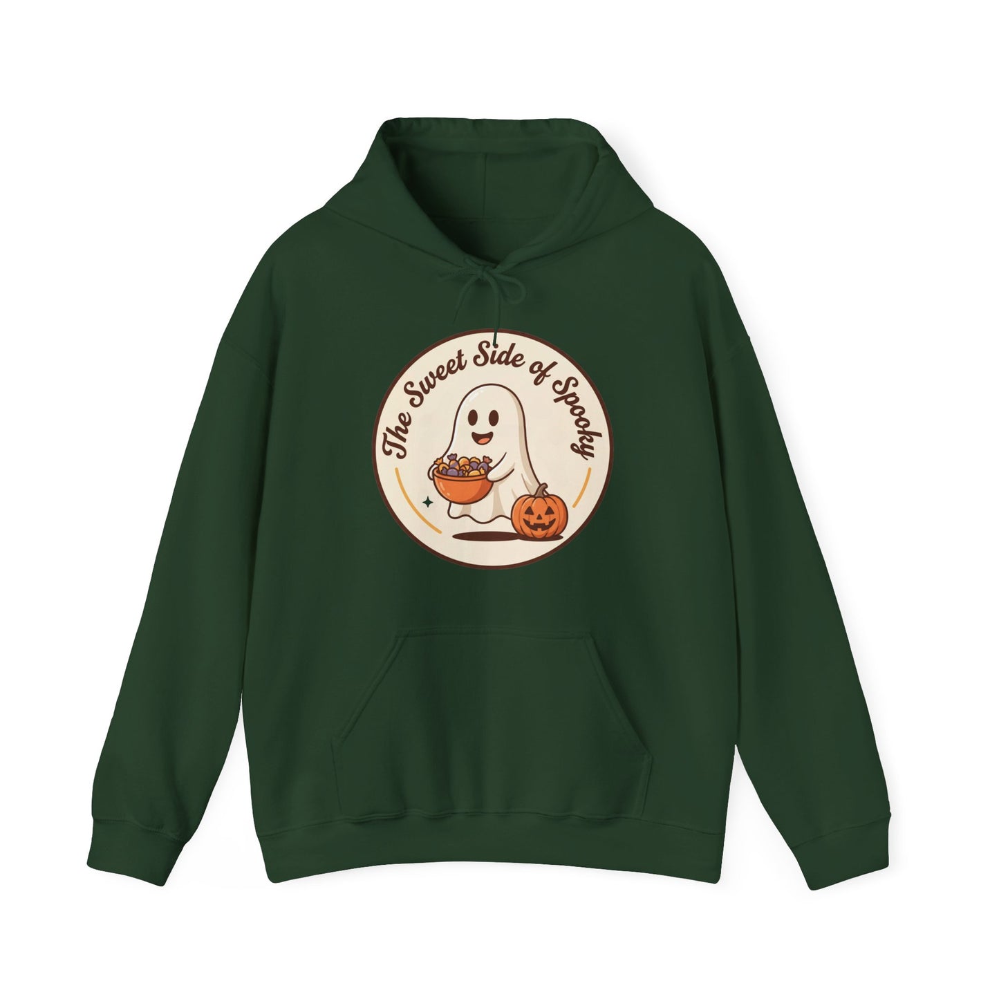 Green hoodie on a white background, featuring a circular graphic on the front with a cartoon ghost holding a bowl of candy and the text 'The Sweet Side of Spooky' next to a small pumpkin.