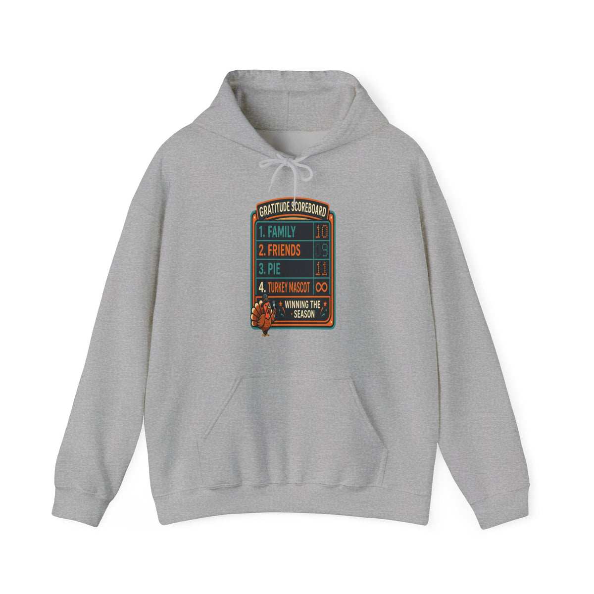 Gratitude Scoreboard Thanksgiving football hoodie in gray with turkey game-day graphic with white background.