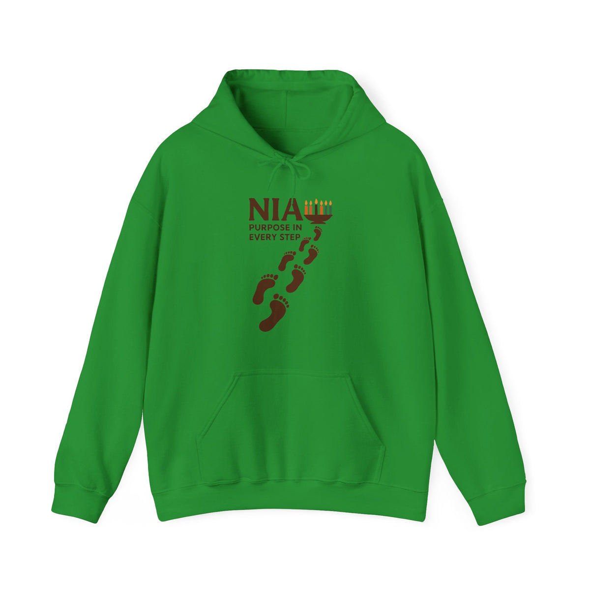 A green hoodie with a black graphic on the chest reading 'NIA PURPOSE IN EVERY STEP' above a line of footprints, shown on a plain white background.