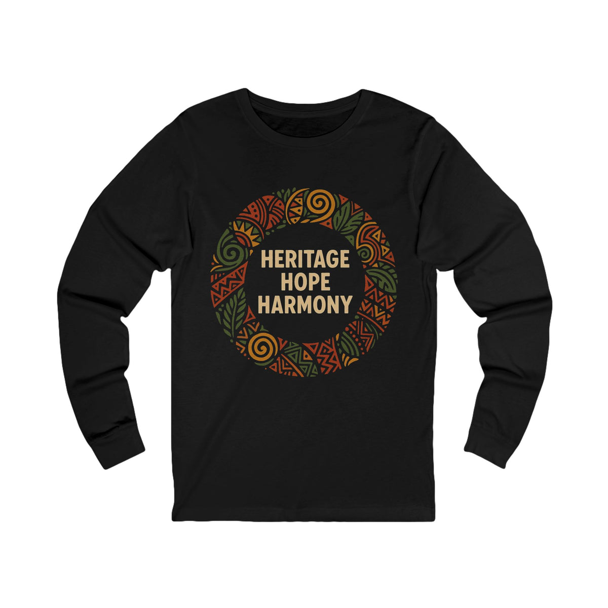 A black long-sleeve t-shirt with a circular graphic on the chest featuring the words 'HERITAGE HOPE HARMONY' in beige, surrounded by a pattern of orange, green, and brown tribal-style designs, shown on a plain white background.