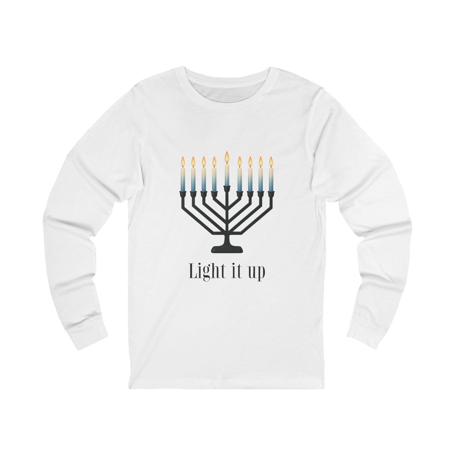 Light it Up Menorah Hanukkah Long Sleeve Tee (Unisex S-2XL) in White