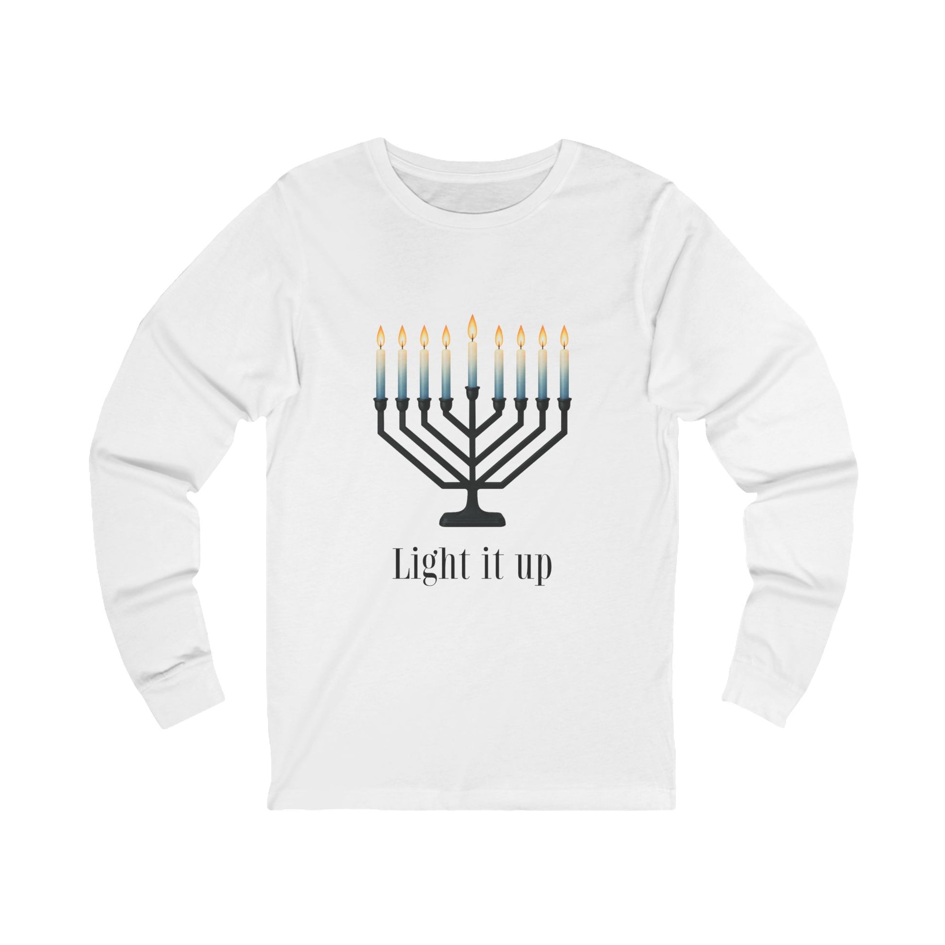 Light it Up Menorah Hanukkah Long Sleeve Tee (Unisex S-2XL) in White