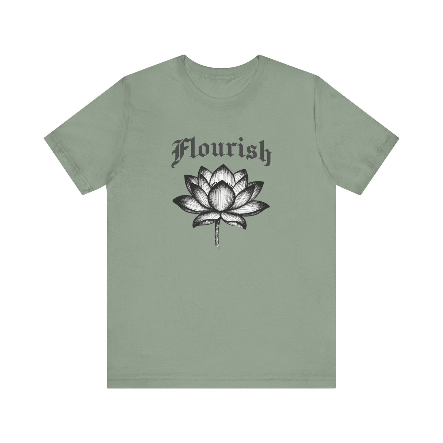 Green t-shirt with a black lotus flower and 'Flourish' text on a white background