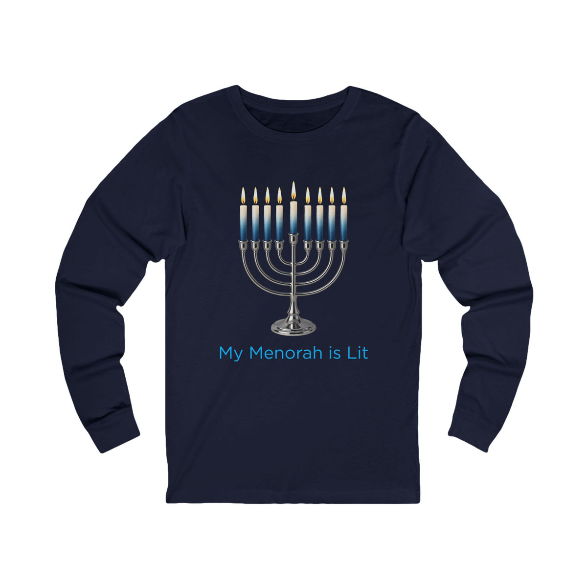 A navy blue long-sleeve t-shirt with a graphic of a lit silver menorah and the text 'My Menorah is Lit' in light blue, displayed on a solid white background.