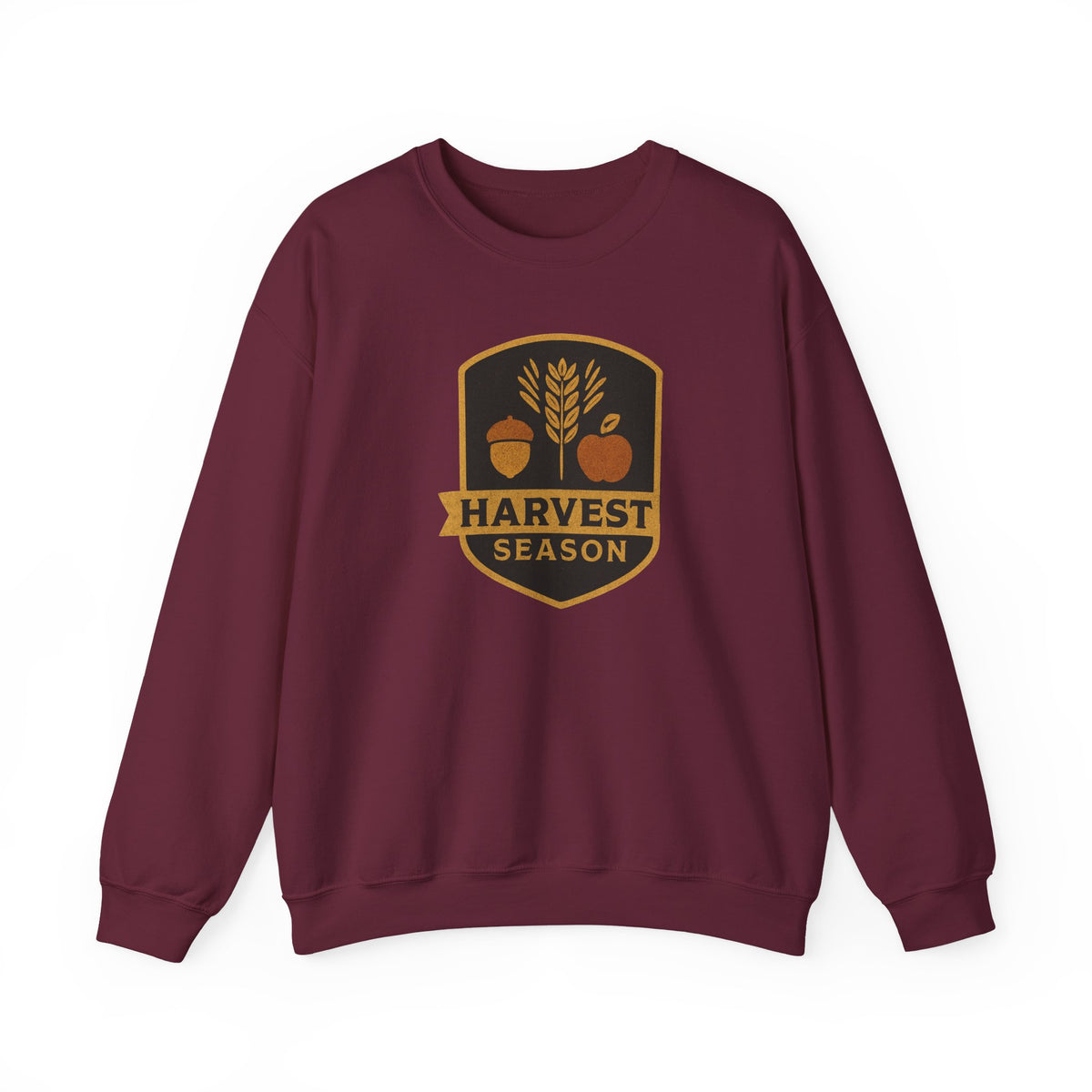 A maroon crewneck sweatshirt with a 'Harvest Season' graphic on the chest, displayed against a plain white background.
