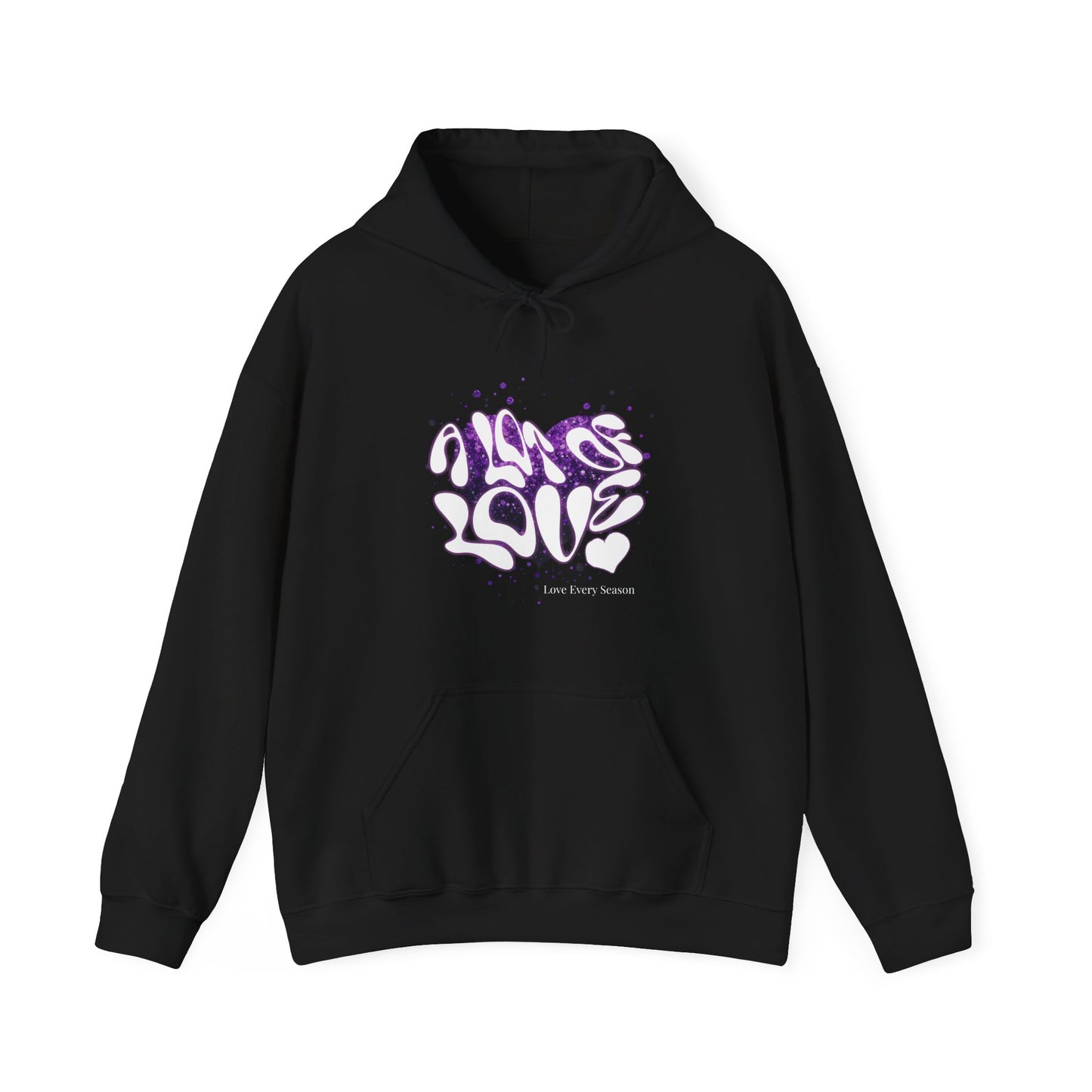 Black hoodie with white and purple text design on a white background
