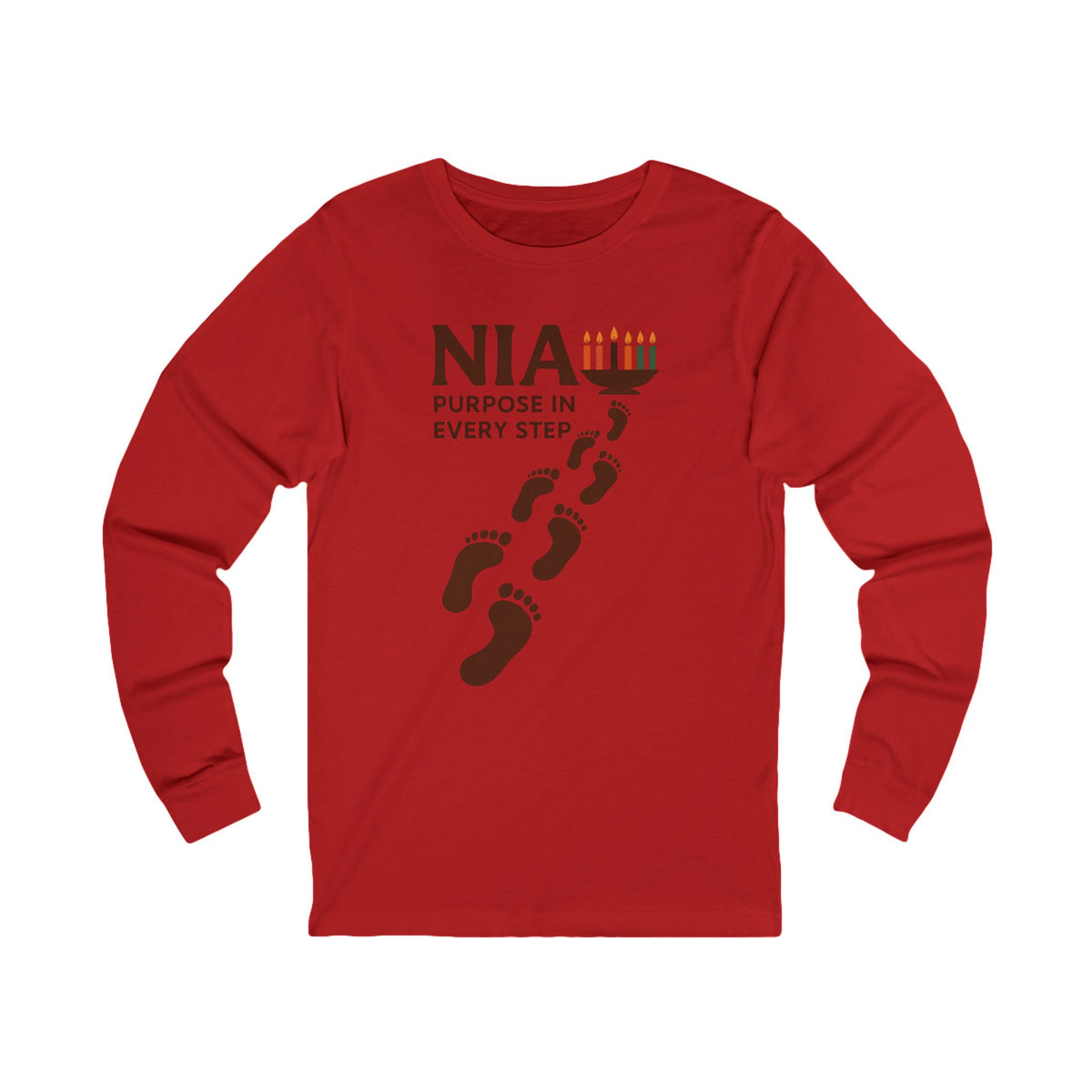 A red long-sleeve t-shirt with a dark brown graphic on the chest featuring the text 'NIA PURPOSE IN EVERY STEP' and footprints leading to a menorah illustration, displayed on a solid white background.