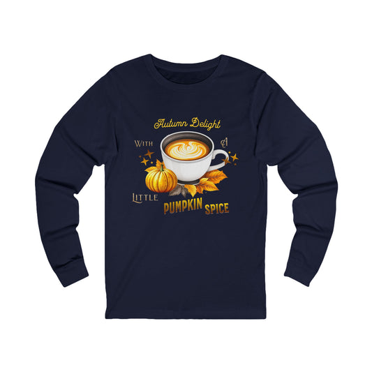 A navy blue long-sleeve t-shirt with a graphic on the front featuring a coffee cup, pumpkins, autumn leaves, and the text 'Autumn Delight With LITTLE Pumpkin SPICE'.