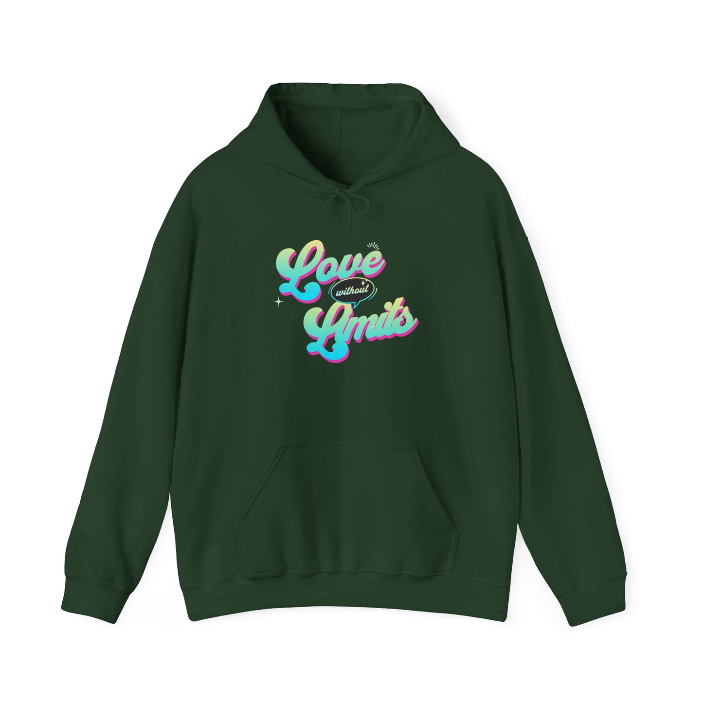 Green hoodie with 'Love No Limits' text on a white background