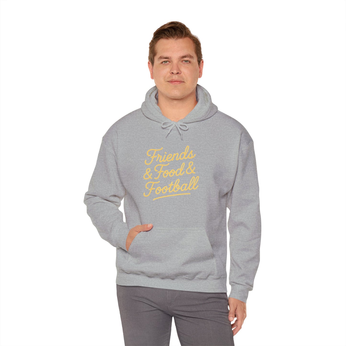 Friends & Food & Football Game Day Hoodie (Unisex S-5XL) in sport gray