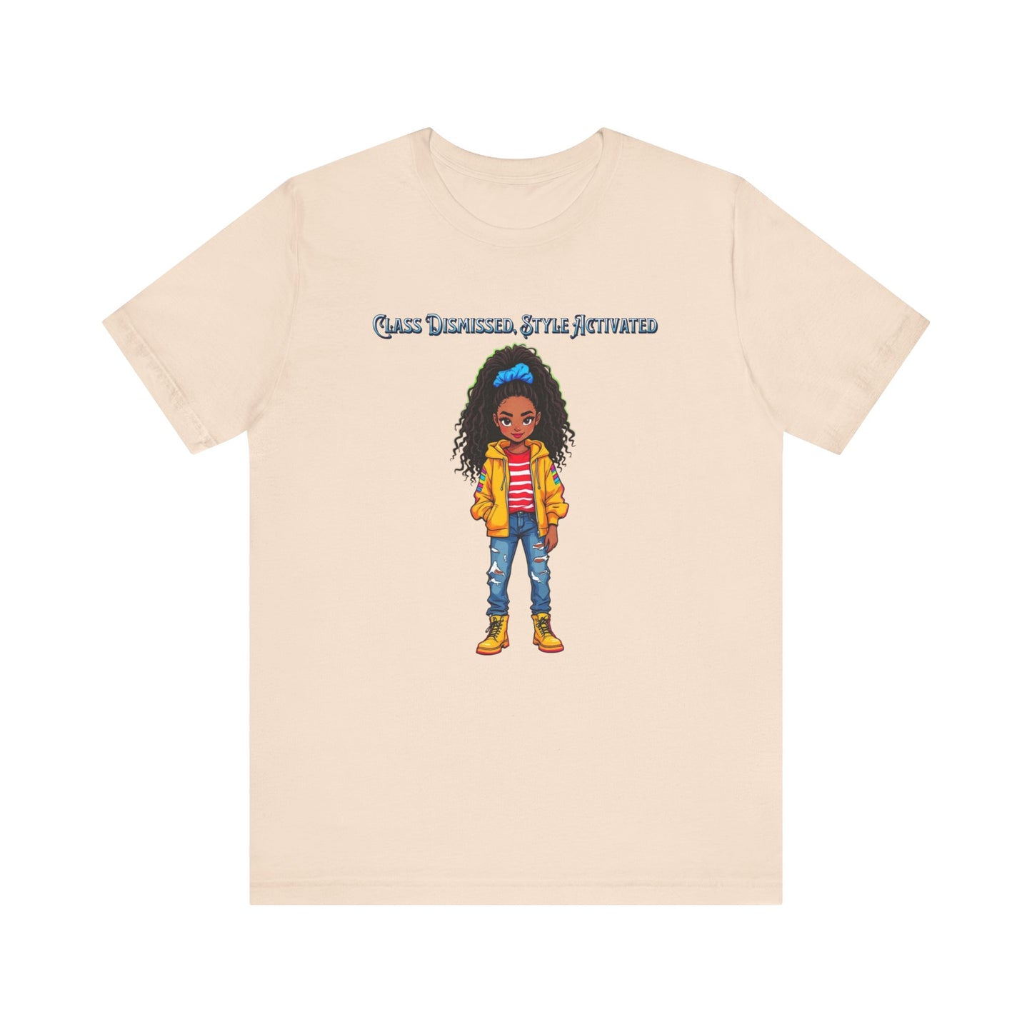 A light beige crewneck t-shirt featuring a cartoon graphic of a girl with curly hair wearing a yellow jacket, red striped shirt, and blue jeans, with the text 'Class Dismissed, Still Activated' above her.