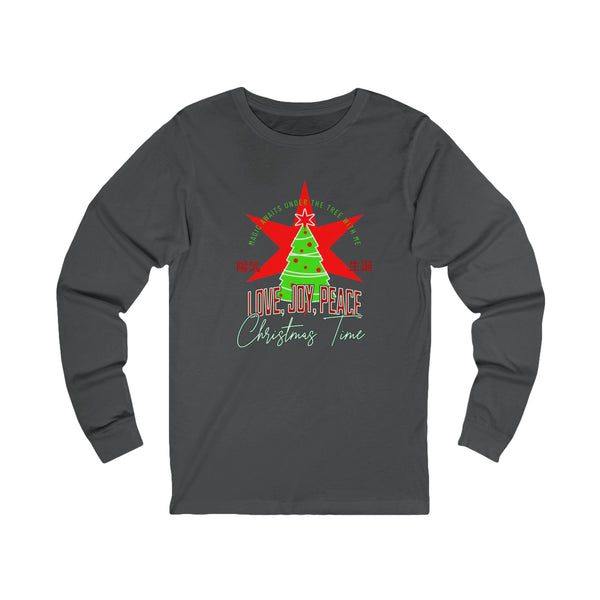 Love, Joy, and Peace Star Long-Sleeve Tee (Unisex S-2XL) in Black
