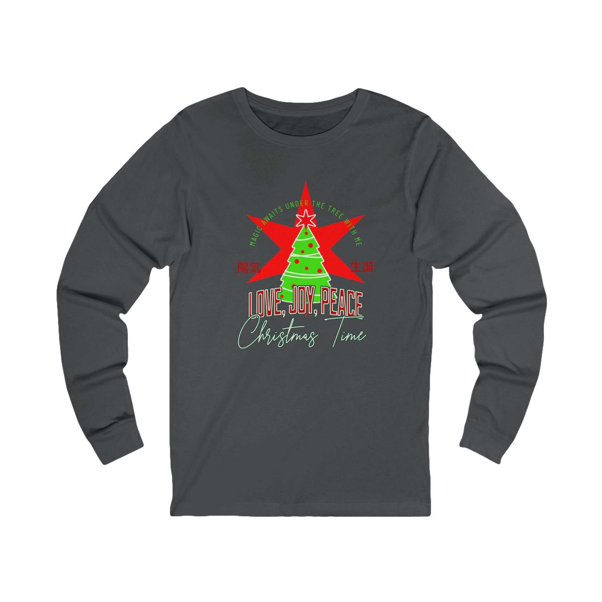 Love, Joy, and Peace Star Long-Sleeve Tee (Unisex S-2XL) in Black