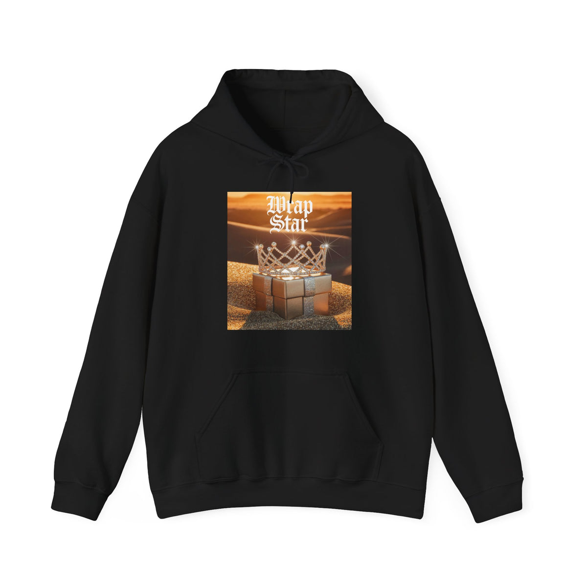 A black pullover hoodie with a front kangaroo pocket and a central graphic print featuring the text 'Wrap Star' above a basketball hoop with wrapped presents, shown on a plain white background.