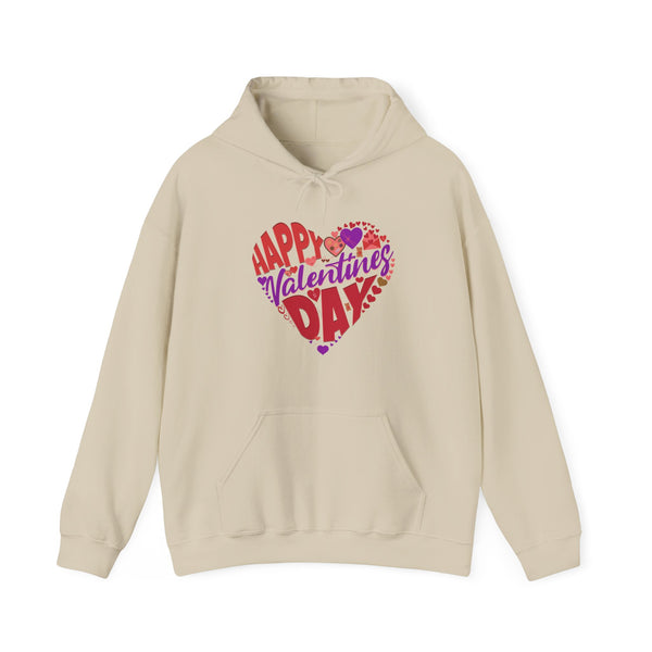 Beige hoodie with 'Happy Valentine's Day' text in a heart shape on a white background