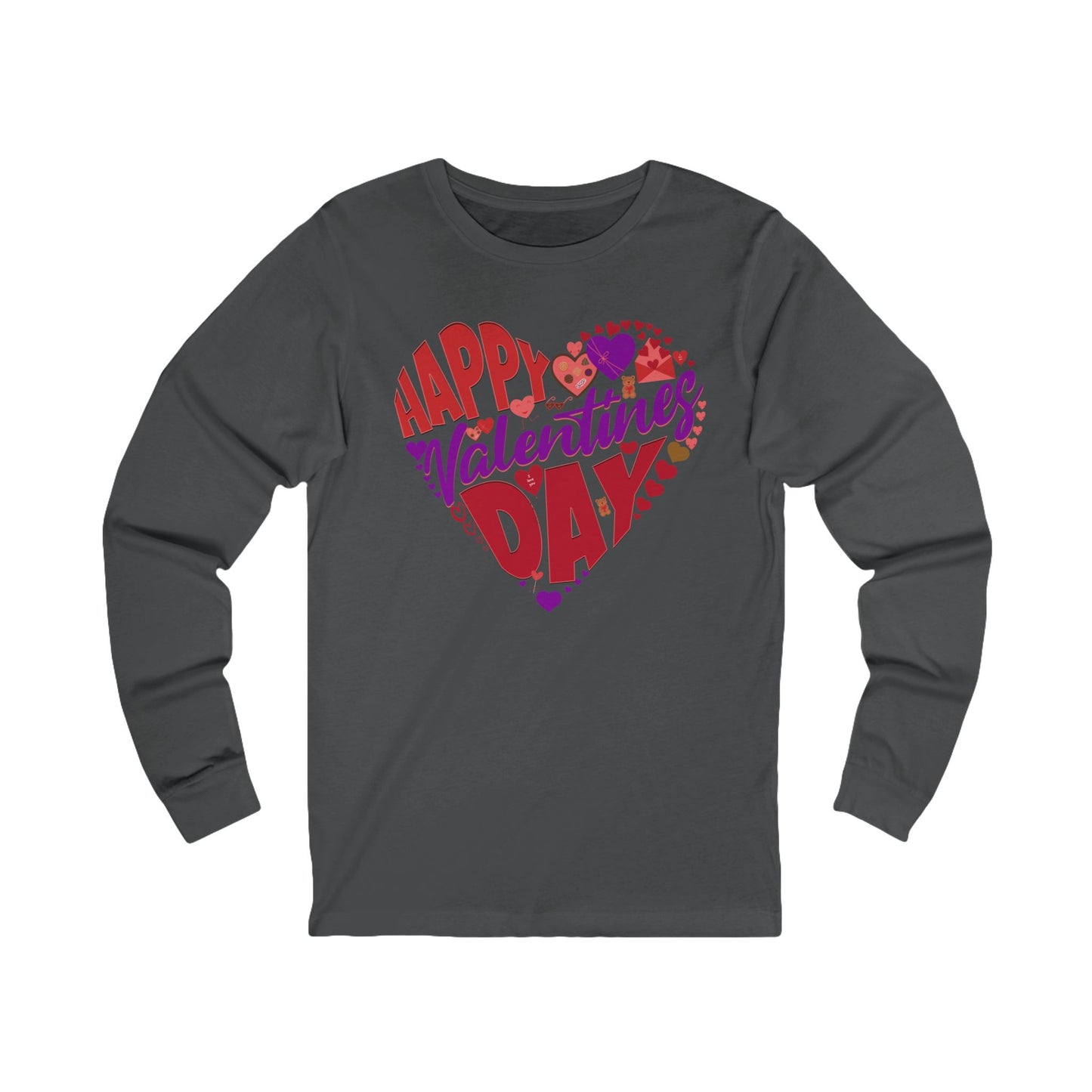 Gray long-sleeve shirt with 'Happy Valentine's Day' text in colorful hearts on a white background