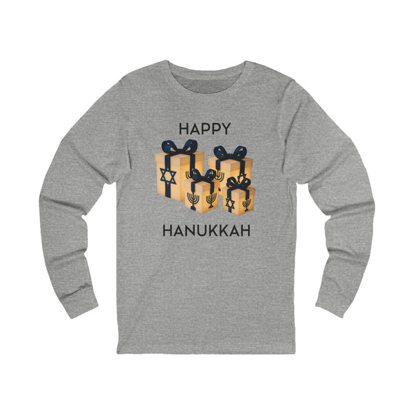 A heather gray long-sleeve t-shirt with a graphic of three wrapped Hanukkah gifts and the text 'HAPPY HANUKKAH' printed on the chest.