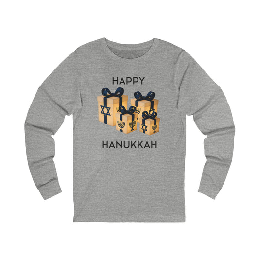 A heather gray long-sleeve t-shirt with a graphic of three wrapped Hanukkah gifts and the text 'HAPPY HANUKKAH' printed on the chest.
