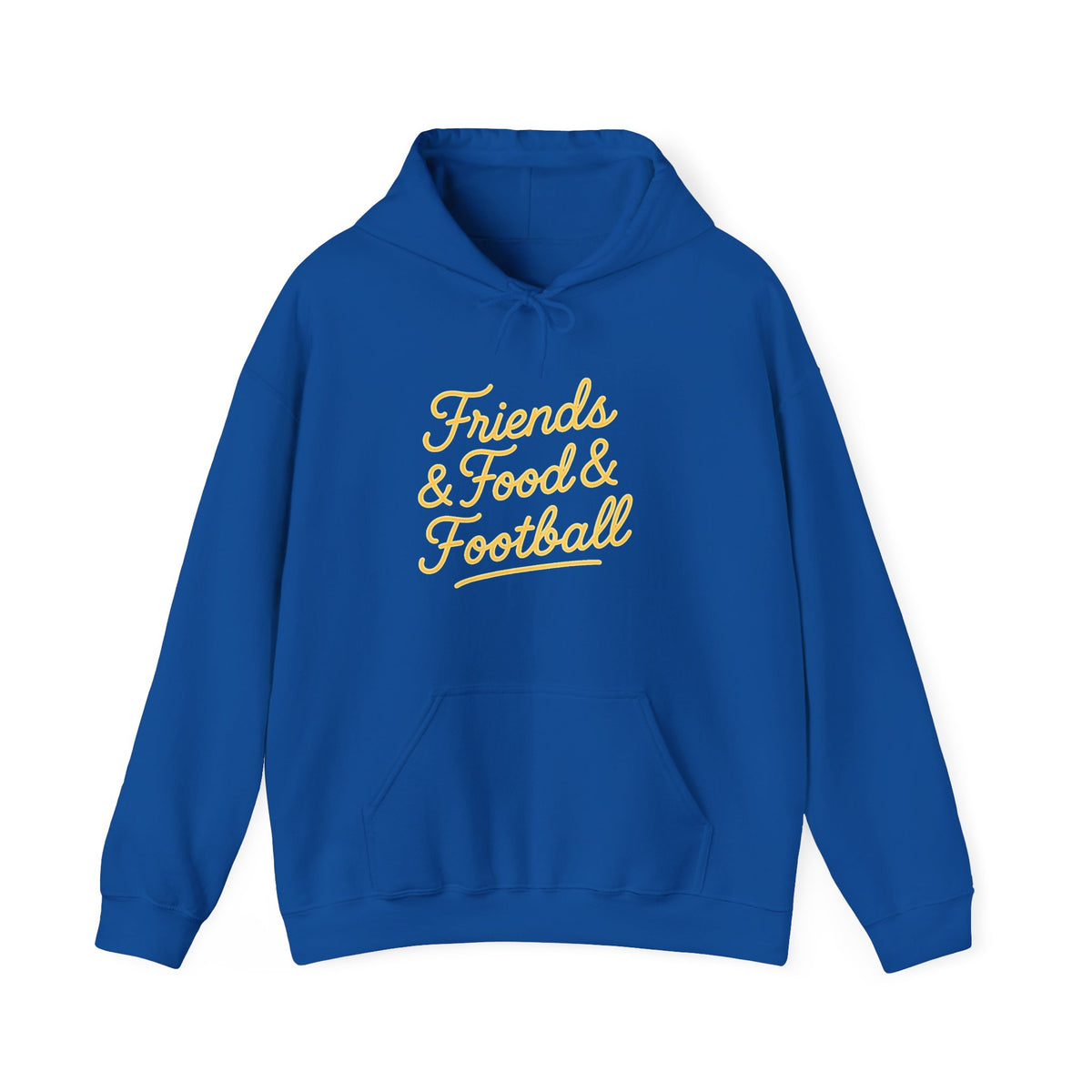 A royal blue pullover hoodie with 'Friends & Food & Football' printed in yellow script across the chest, displayed on a clean white background.