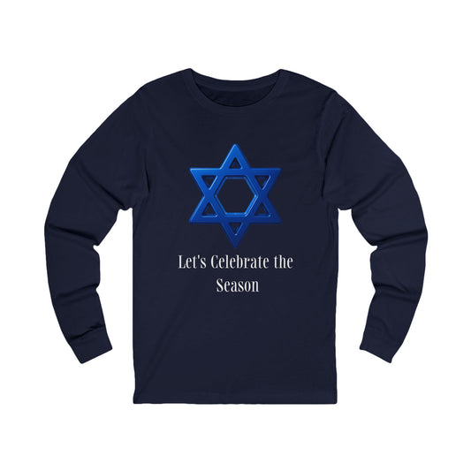 Celebrate the Season Star of David Hanukkah Long Sleeve Tee (Unisex S-2XL) in Navy