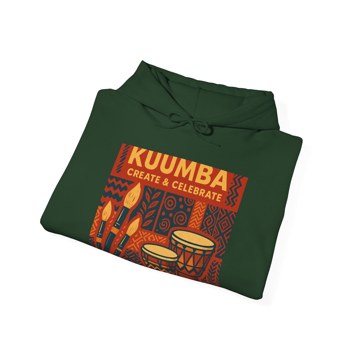 A dark green folded hoodie with a colorful graphic print featuring the text 'KUUMBA CREATE & CELEBRATE' and traditional patterns with drums, set against a plain white background.