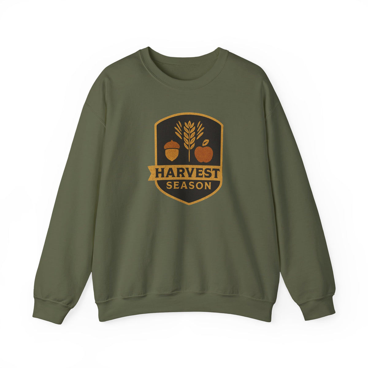 An olive green crewneck sweatshirt with a 'Harvest Season' graphic on the chest, displayed against a solid white background.