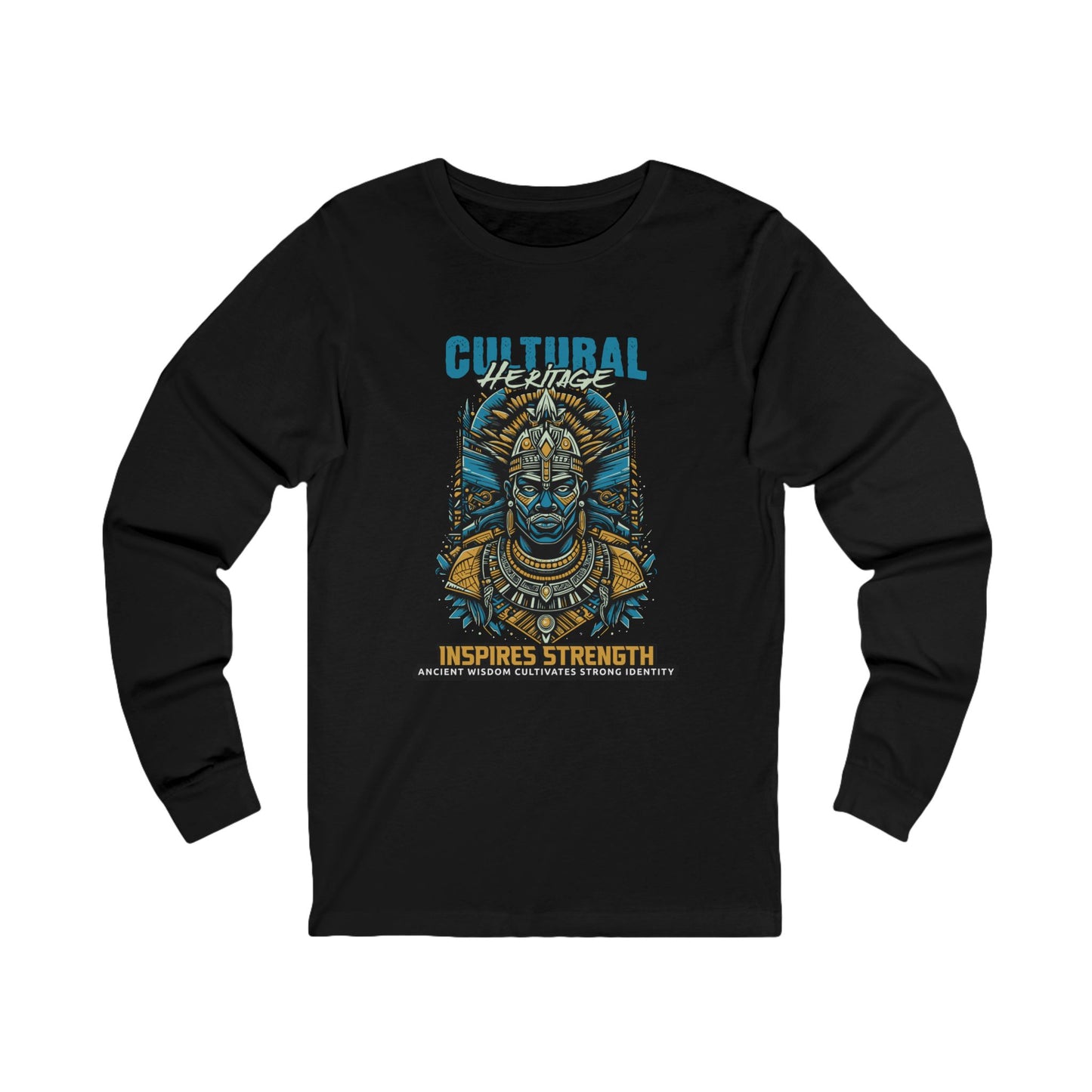 Black long-sleeve shirt with tribal design and text on a white background