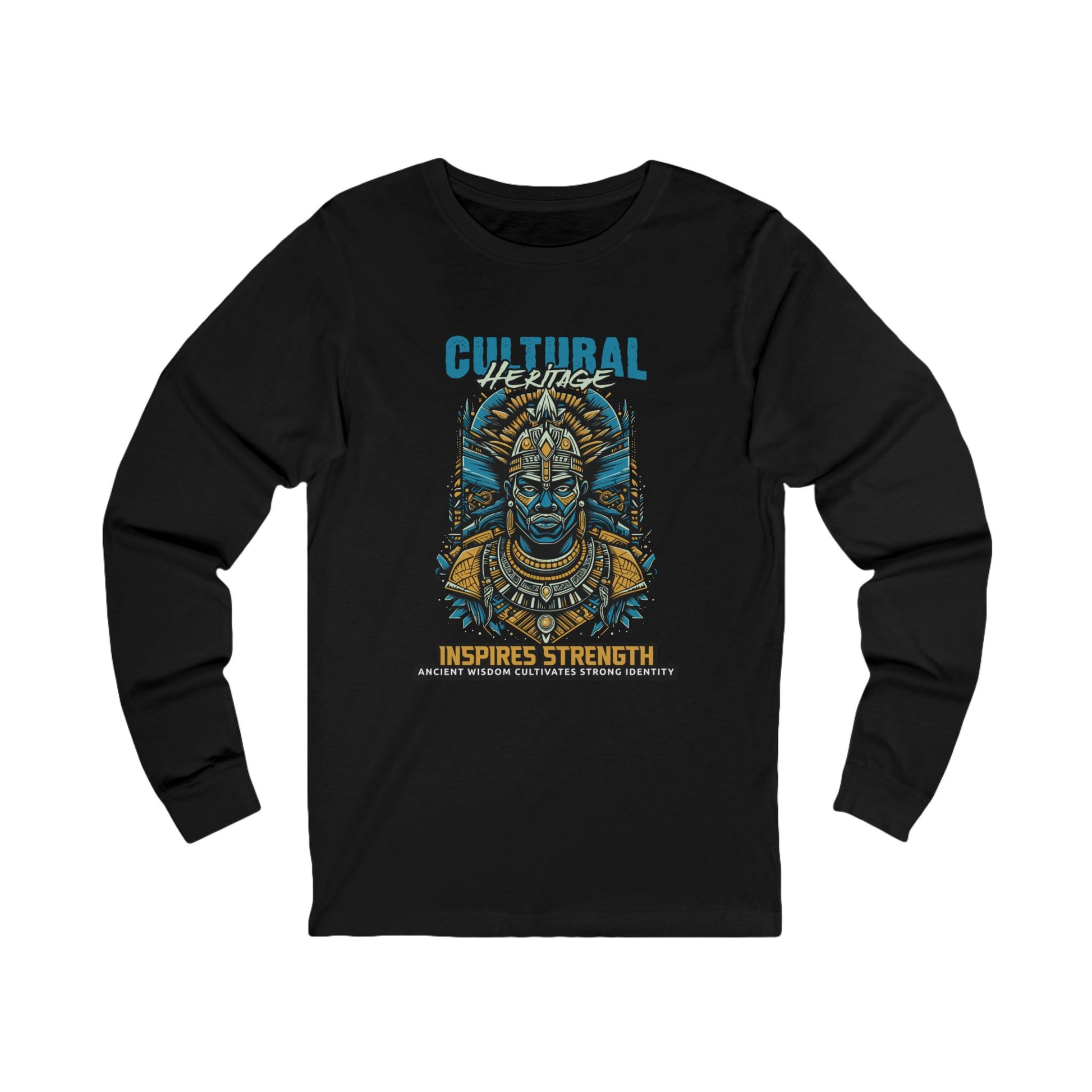 Black long-sleeve shirt with tribal design and text on a white background