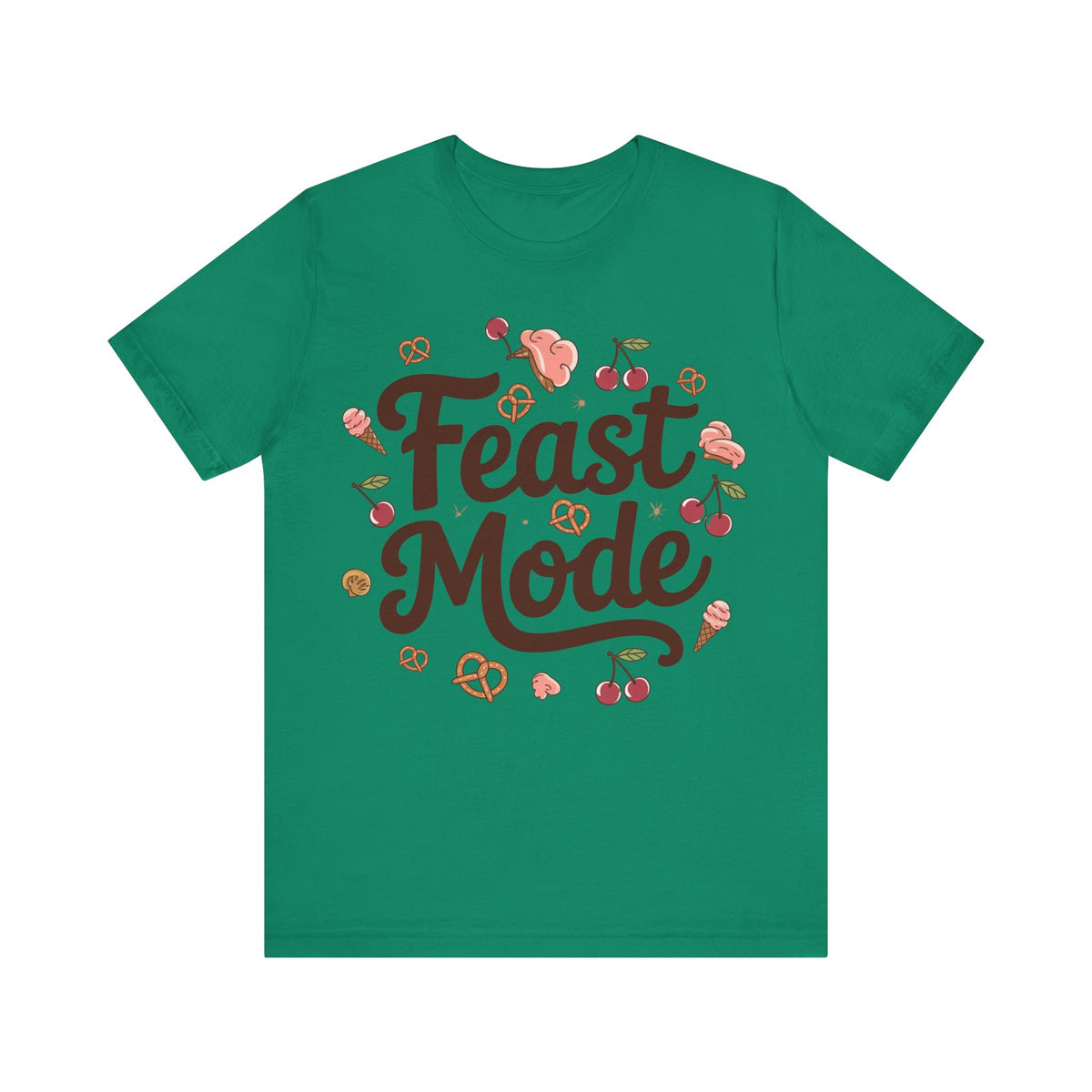 A green short-sleeve crewneck t-shirt featuring a 'Feast Mode' graphic on the chest with dark brown text and illustrations of food items like pretzels, ice cream, and cherries.