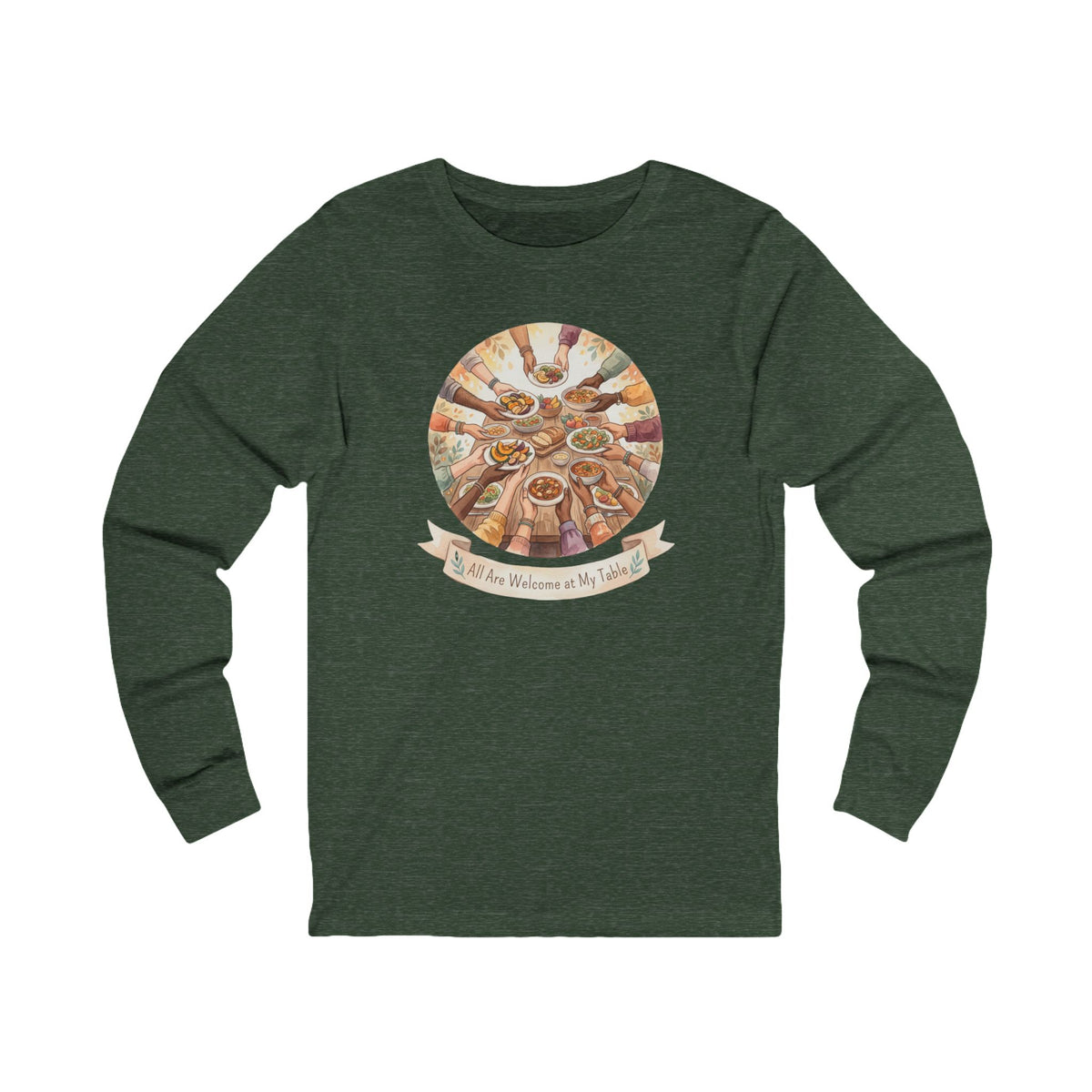 A dark heather green long-sleeve t-shirt with a circular graphic on the chest depicting hands holding a Passover Seder plate with various foods, and a banner below reading 'All Favs Welcome to My Table!'.