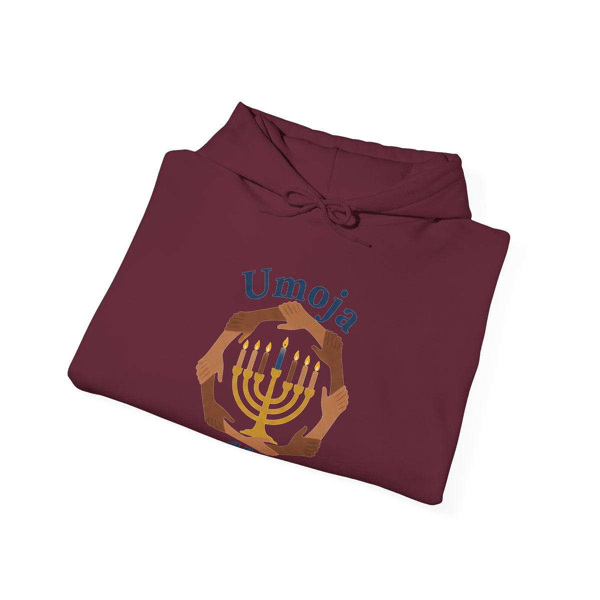 A folded maroon hoodie with a 'Umoja Always' graphic featuring a menorah and hands against a plain white background.