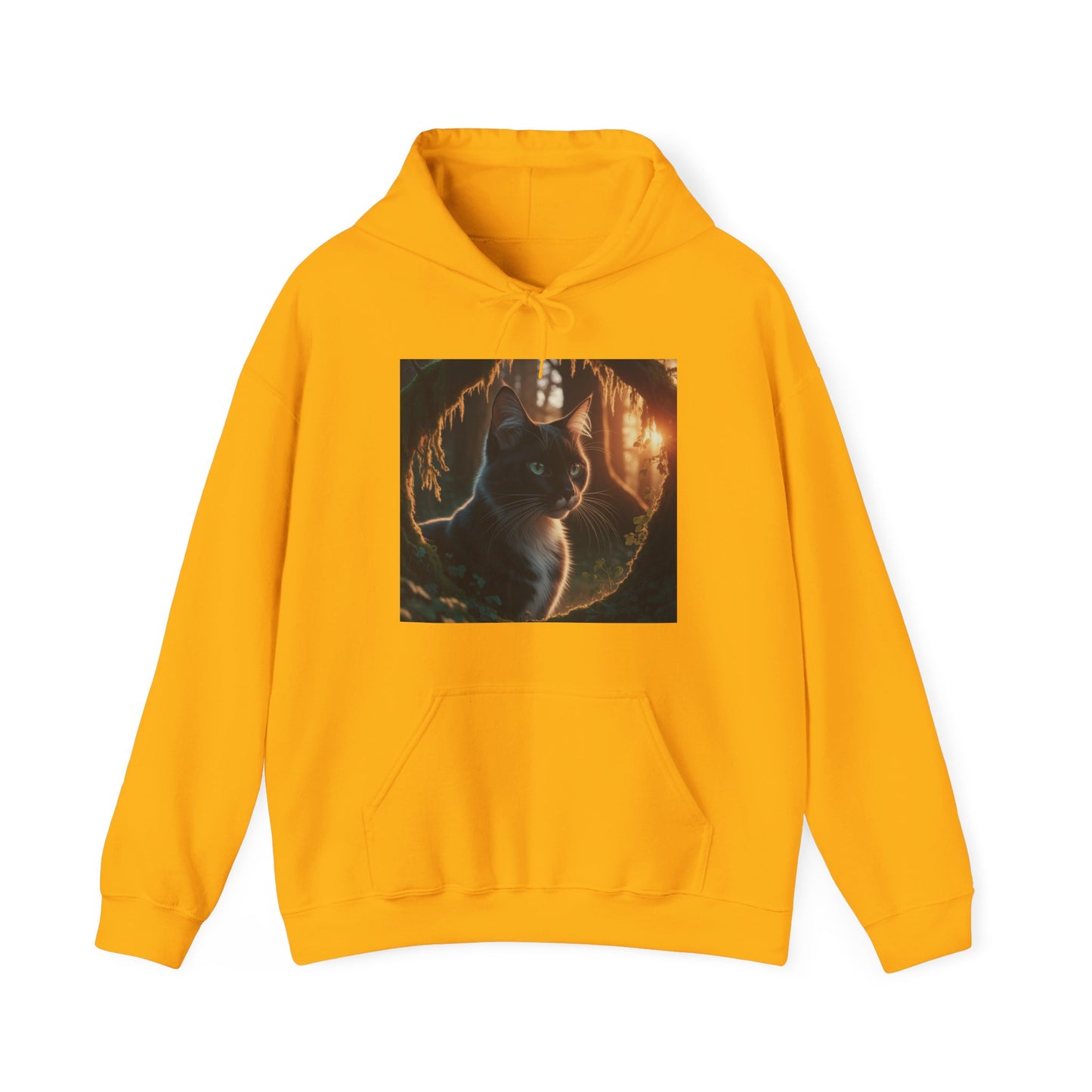 Whimsical Cat Graphic Hoodie – Cozy Feline Fun (Unisex S-5XL) in gold