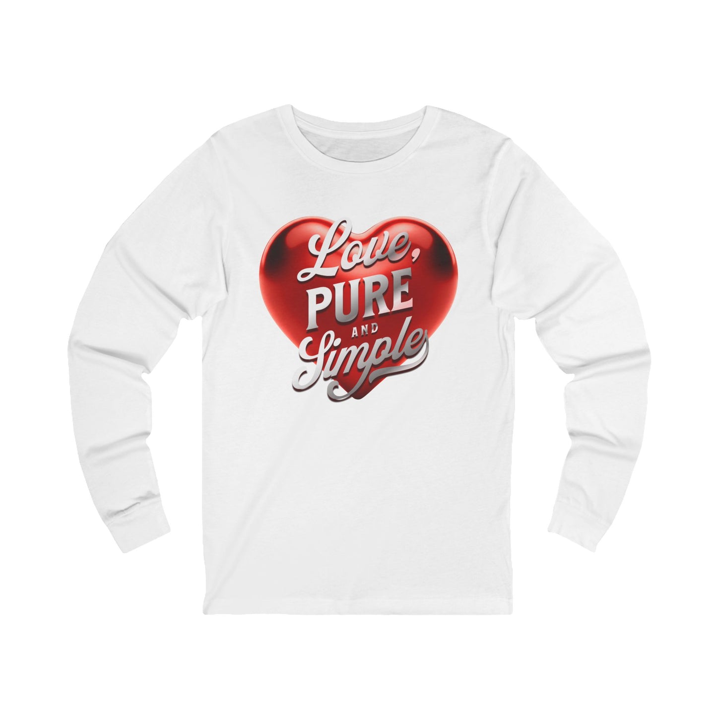 White long-sleeve shirt with a red heart graphic and text on a white background