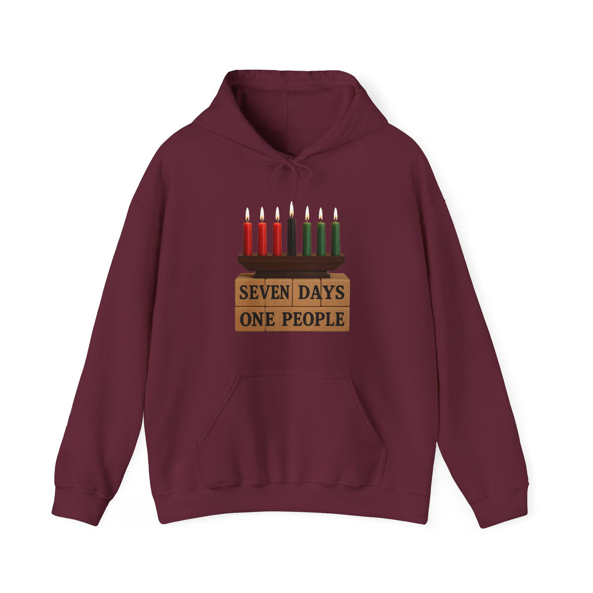 A maroon pullover hoodie with a graphic of a menorah featuring red and green candles and the text 'SEVEN DAYS ONE PEOPLE' printed on the chest, displayed against a plain white background.