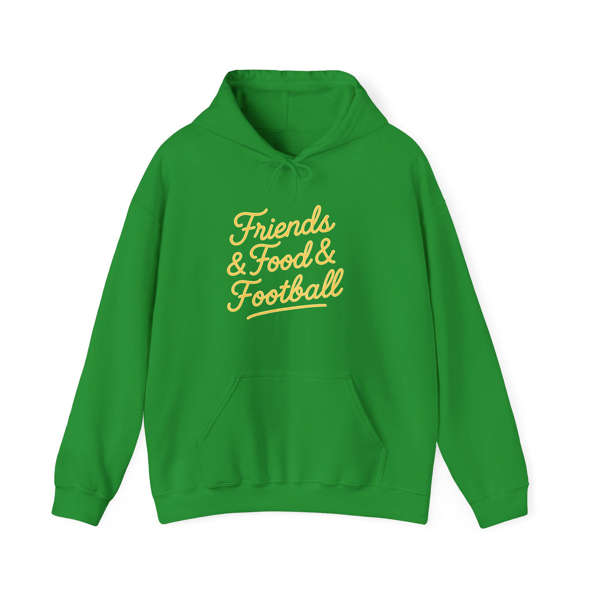 A bright green pullover hoodie with the phrase 'Friends & Food & Football' printed in yellow cursive text across the chest, displayed on a clean white background.