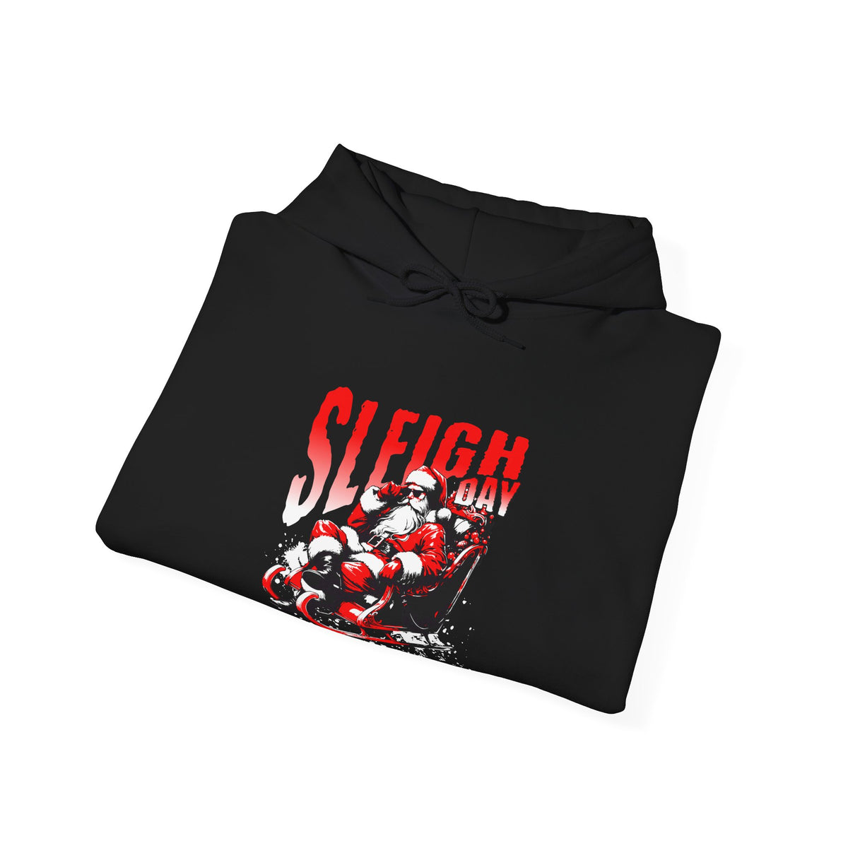 A folded black pullover hoodie with a front graphic that reads 'SLEIGH DAY HOODIE' in pink and gold, accompanied by starburst accents and a small globe icon, shown on a plain white background.