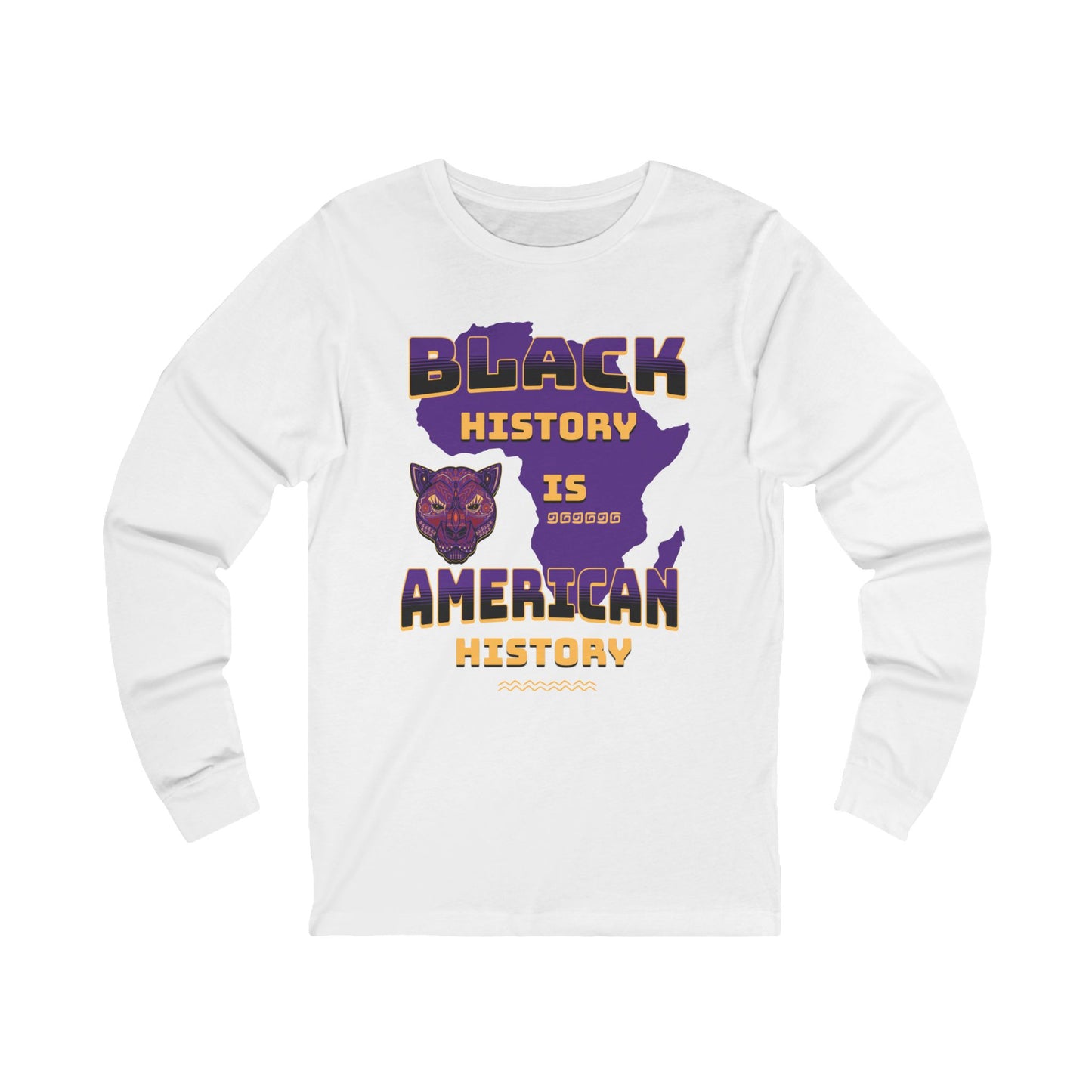White long-sleeve shirt with 'Black History is American History' design on a white background