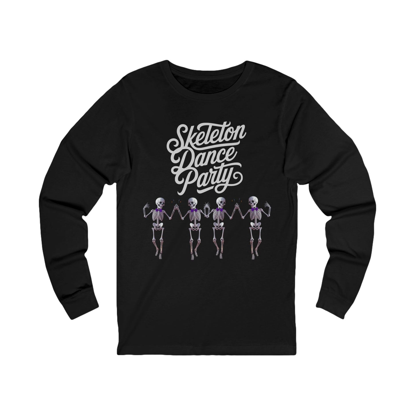 Black long-sleeve shirt with 'Skeleton Dance Party"' text on a white background