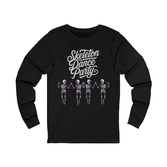 Black long-sleeve shirt with 'Skeleton Dance Party"' text on a white background