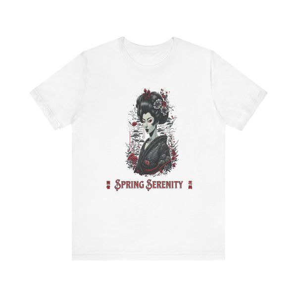 White t-shirt with a graphic design of a woman's face and 'Spring Serenity' text on a white background