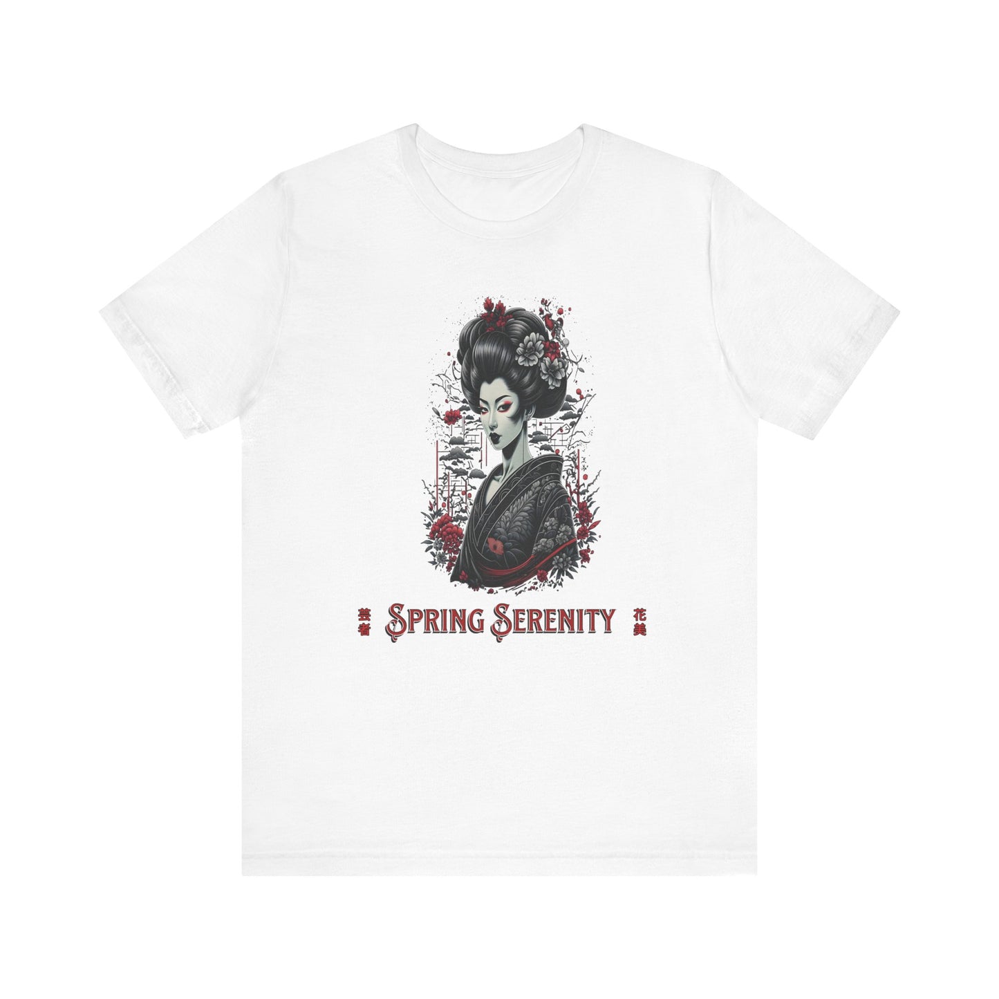 White t-shirt with a graphic design of a woman's face and 'Spring Serenity' text on a white background