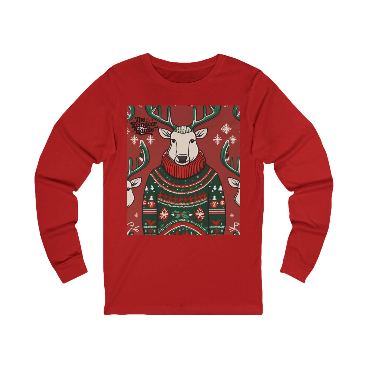 A red long-sleeve crewneck t-shirt featuring a central graphic print of a festive reindeer wearing a green and red Christmas sweater, with the text 'The Perfect Holiday' on the left side of the graphic.