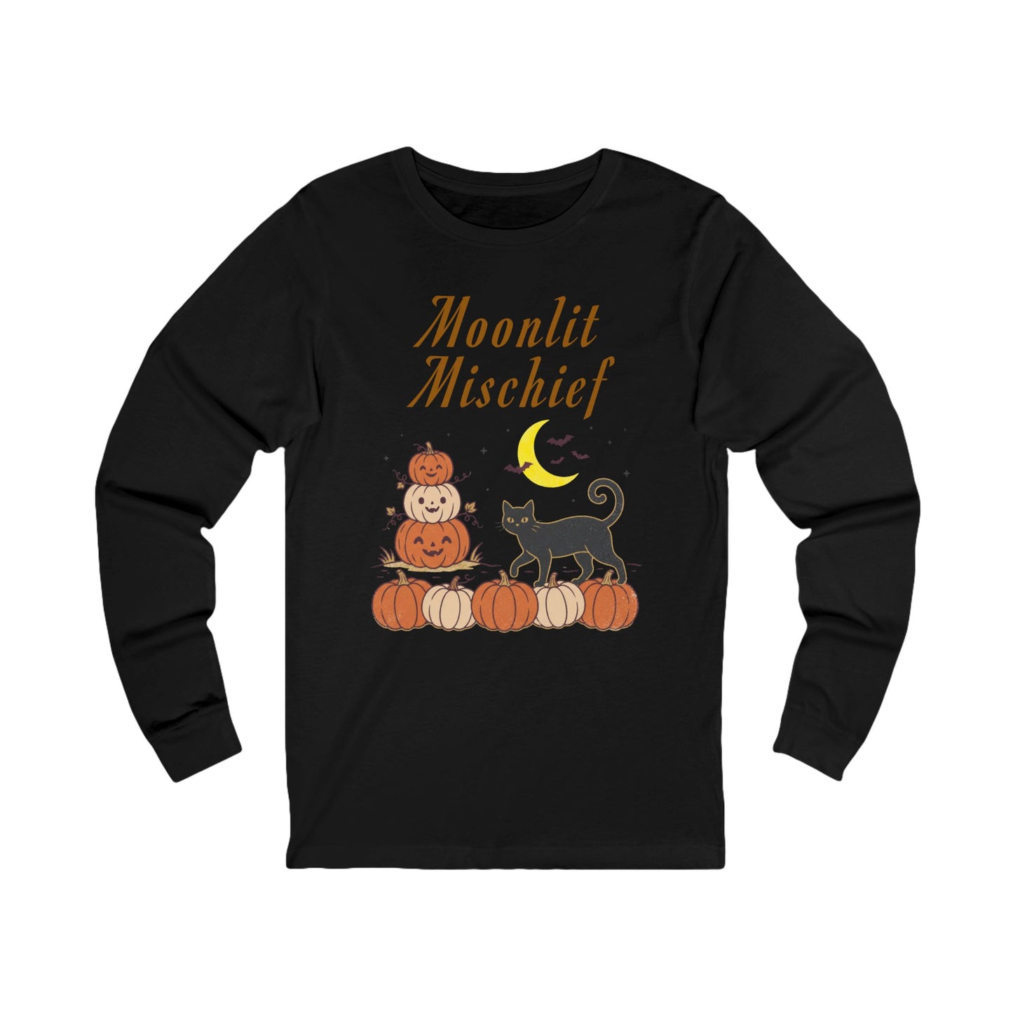 A black long-sleeve t-shirt with a Halloween graphic on the front. The graphic features the text 'Moonlit Mischief' in a gold font above a stack of jack-o'-lanterns, a black cat, and a crescent moon.